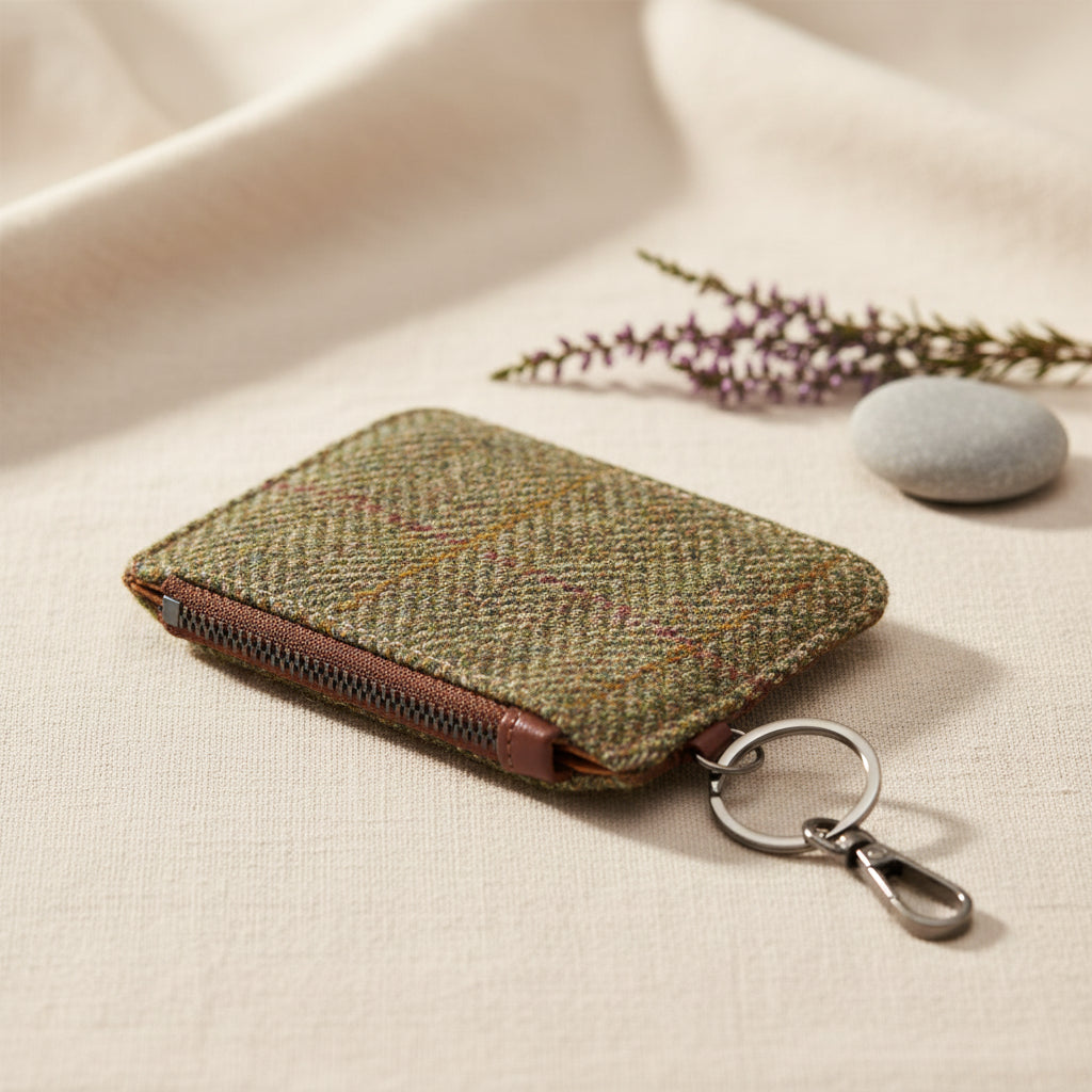 Side view of the Islander Chestnut Herringbone Harris Tweed Zip Card Wallet showing the attached keychain.