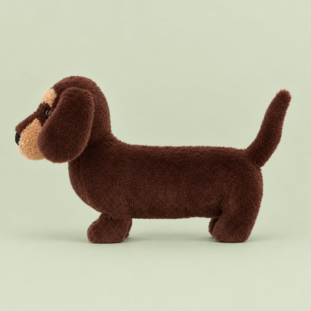 Jellycat Otto Sausage Dog in small size from the side. It is covered in dark brown fur and has tiny little legs. 