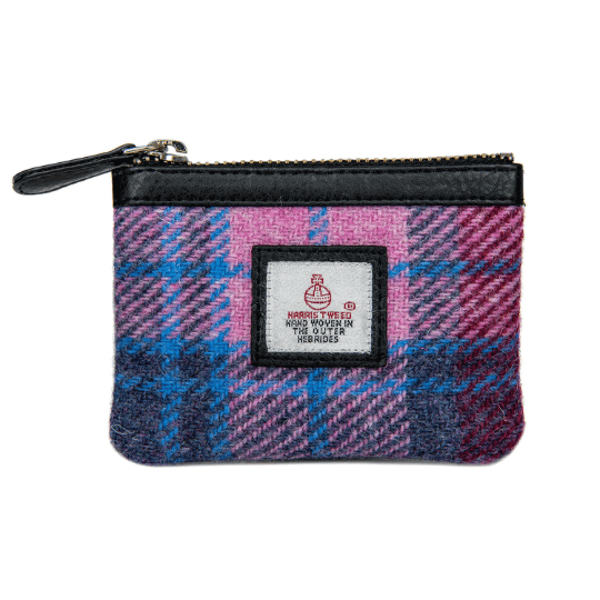 MAccessori Harris Tweed coin purse in a pink and blue check tartan design.