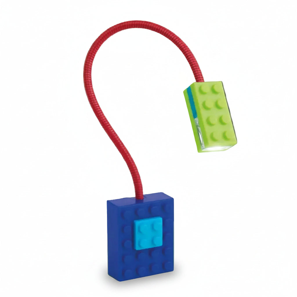 Blue and green Blocky Book Light infographic showing bendy neck and LED