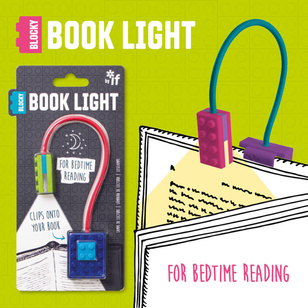 Blocky Book Light in packaging beside illustration of light clipped on book