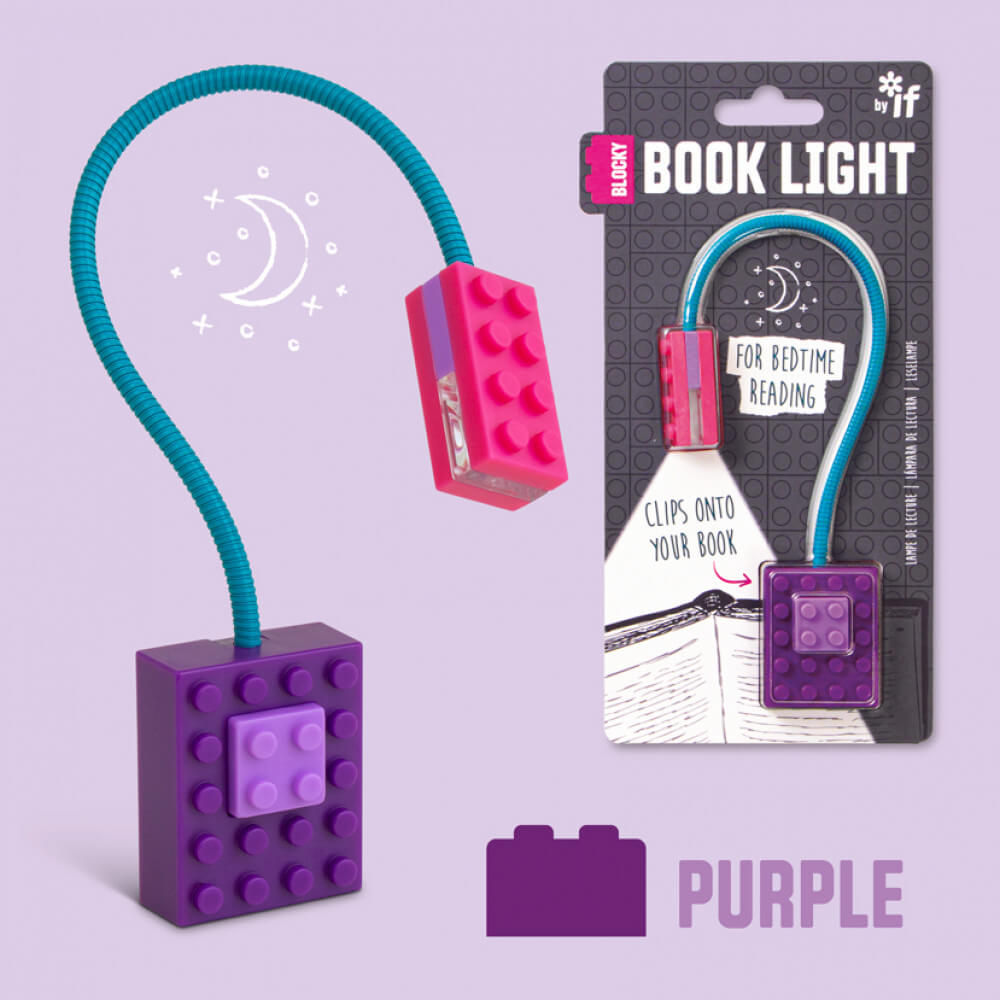 Purple building brick book light with teal bendy neck and packaging card