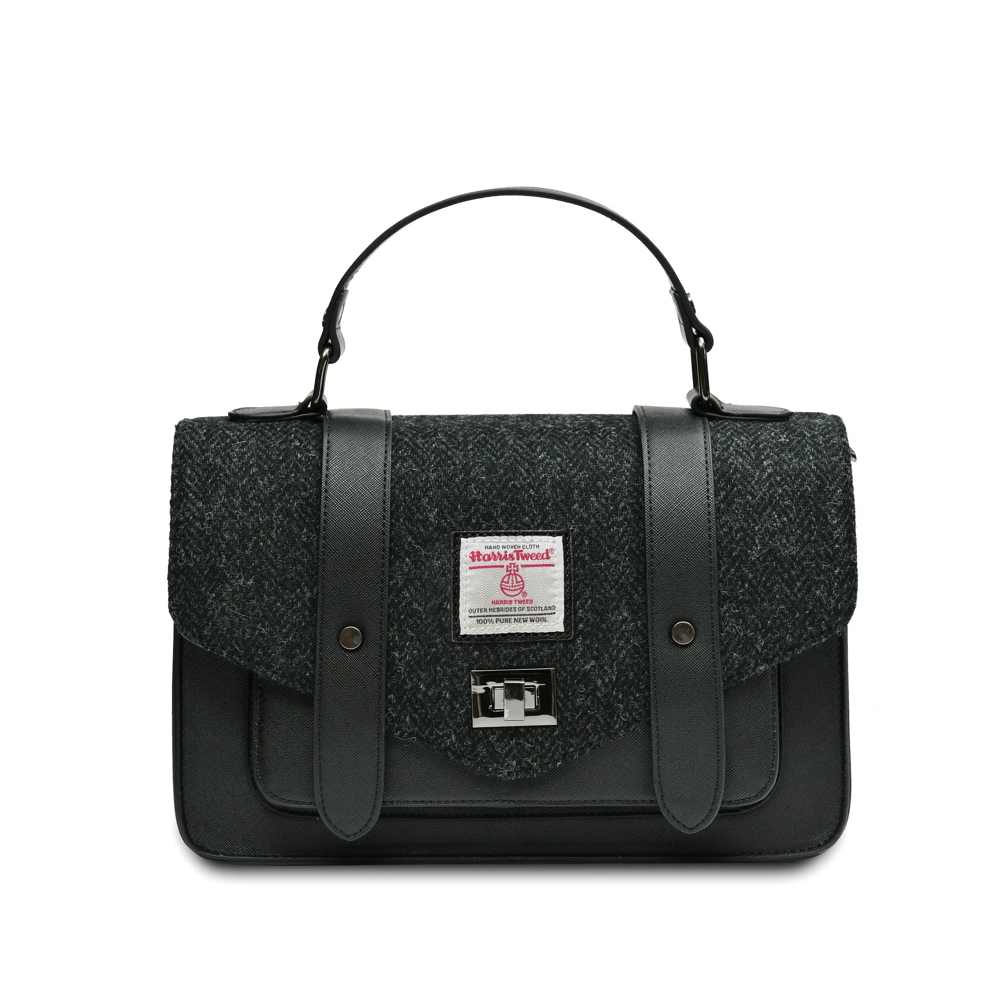 Islander Black Herringbone Harris Tweed satchel style handbag without the shoulder strap.