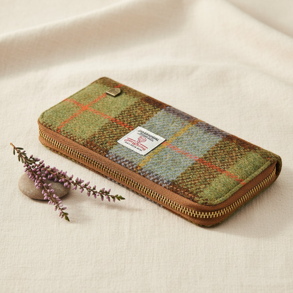 Ladies Chestnut and Blue Harris Tweed Zip Purse.